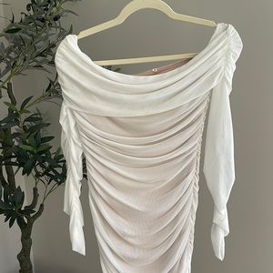 White (with lining) rouched off the shoulder midi dress
